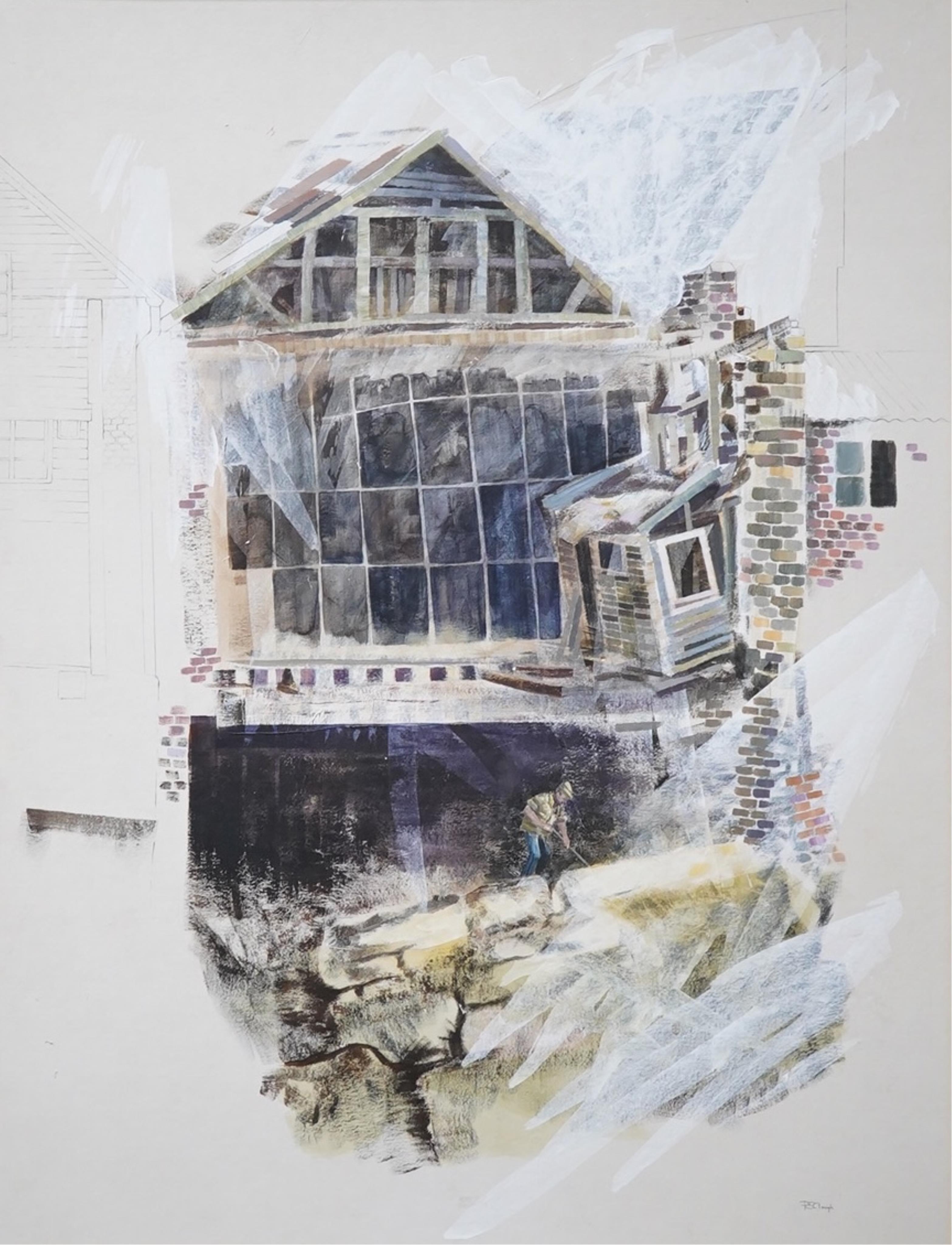 Pauline Clough (Contemporary), heightened watercolour and pencil, ‘Derelict building - Lewes’, signed, label verso, 63 x 48cm. Condition - good